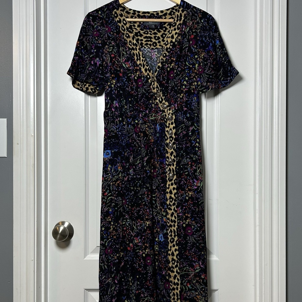 Maeve Anthropologie Mixed Print Wildflower Floral Leopard Trim Button Midi Dress